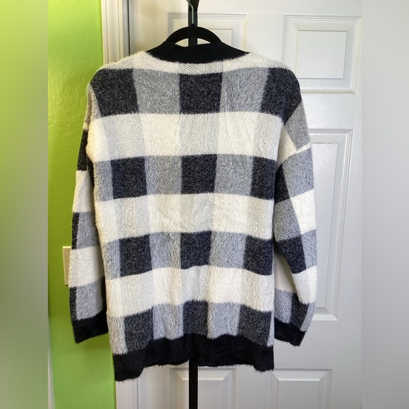 SALE - Cyrus Black, Gray and Off-White Fuzzy Cardigan Sweater, size Medium - Picture 4 of 4